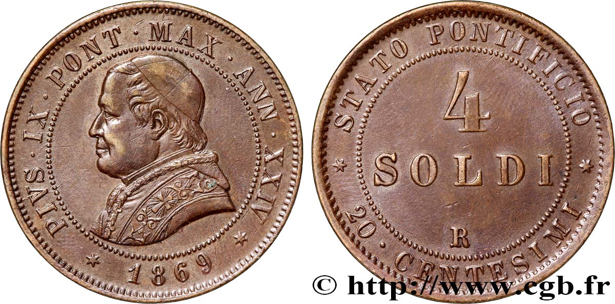 ITALIE - ÉTATS DU PAPE - PIE IX (Jean-Marie Mastai Ferretti) 4 Soldi (20 Centesimi) an XXIV 1869 Rome TTB+ 
