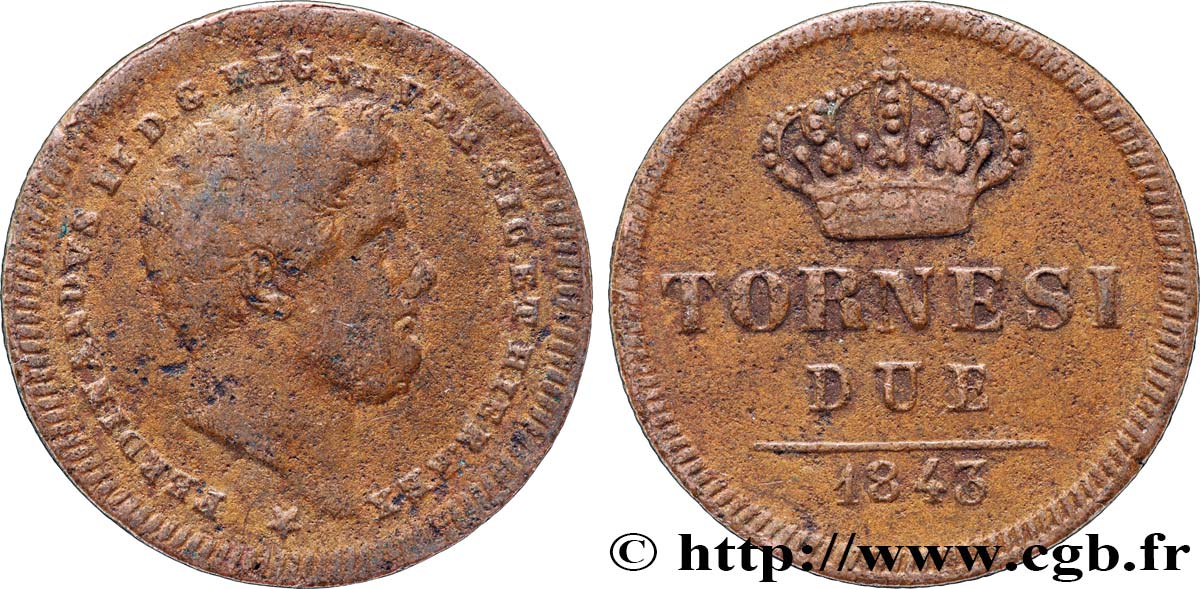 ITALIE - ROYAUME DES DEUX-SICILES 2 Tornesi Ferdinand II 1843 Naples TB 