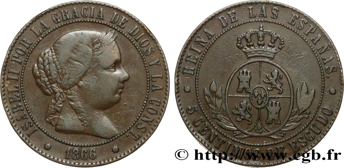 ESPAGNE 5 Centimos de Escudo Isabelle II 1866 Oeschger Mesdach & CO TB+ 