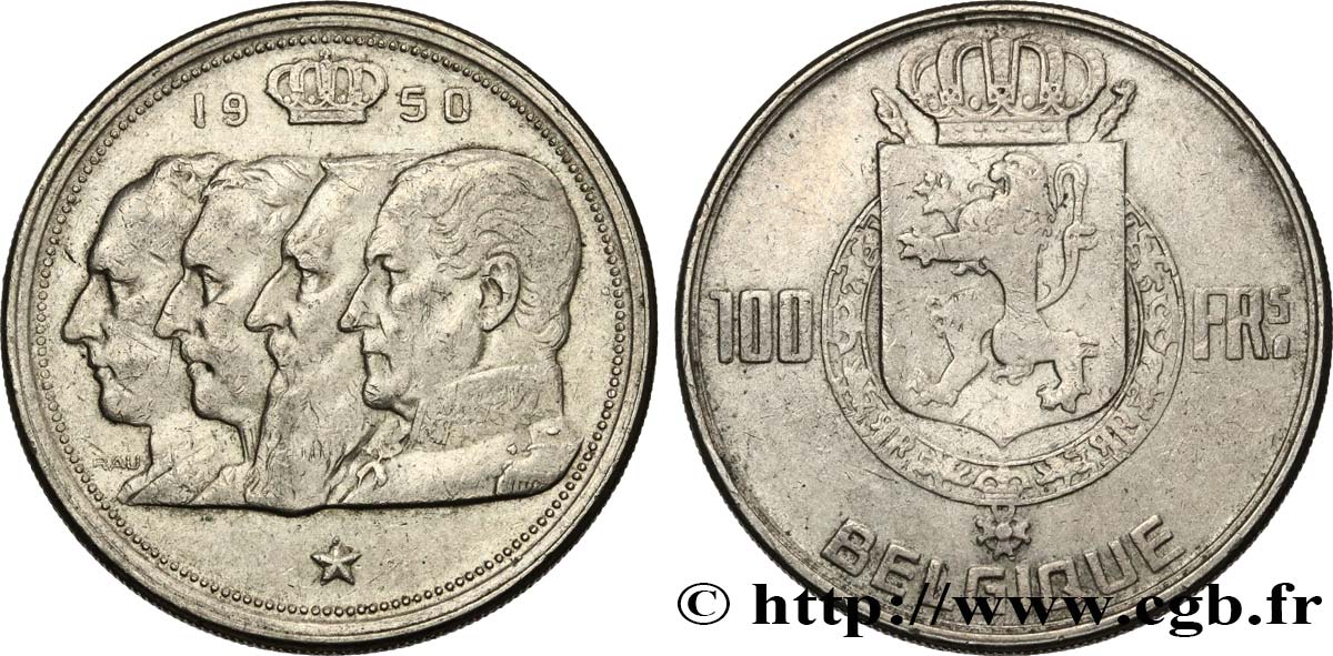 BELGIQUE 100 Francs portraits des quatre rois de Belgique, légende française 1950  TTB 