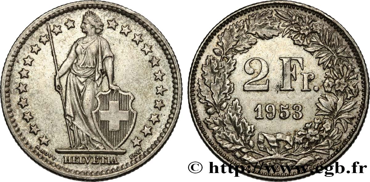 SWITZERLAND 2 Francs Helvetia 1953 Berne AU 