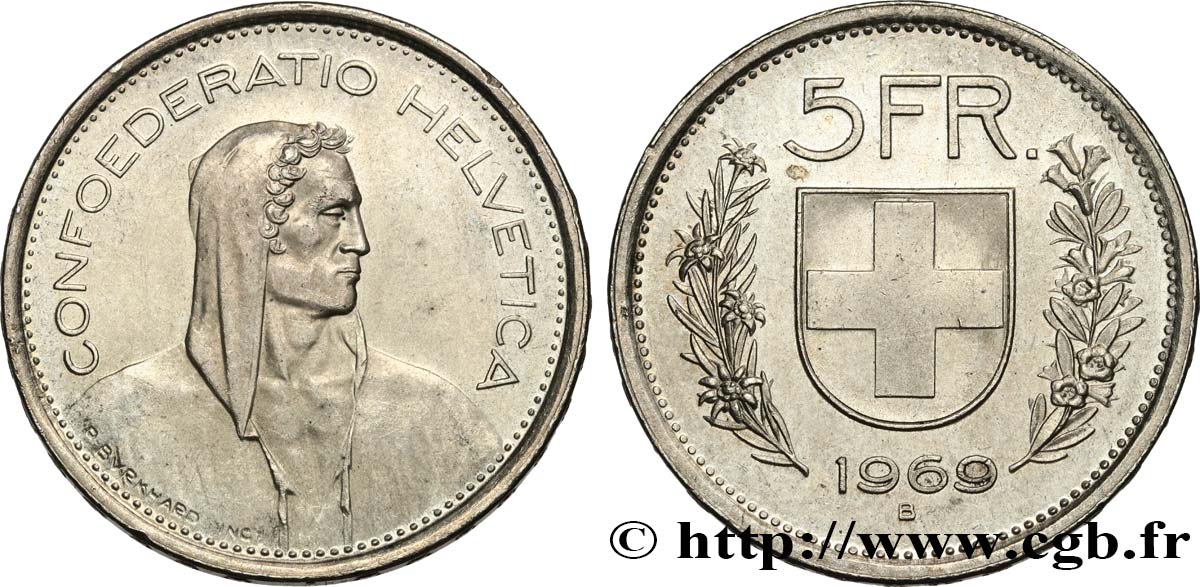 SUISSE 5 Francs Berger des alpes 1969 Berne SPL 