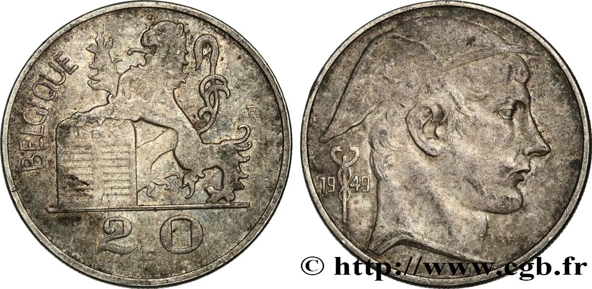 BELGIQUE 20 Francs Mercure, légende française 1949  TB+ 