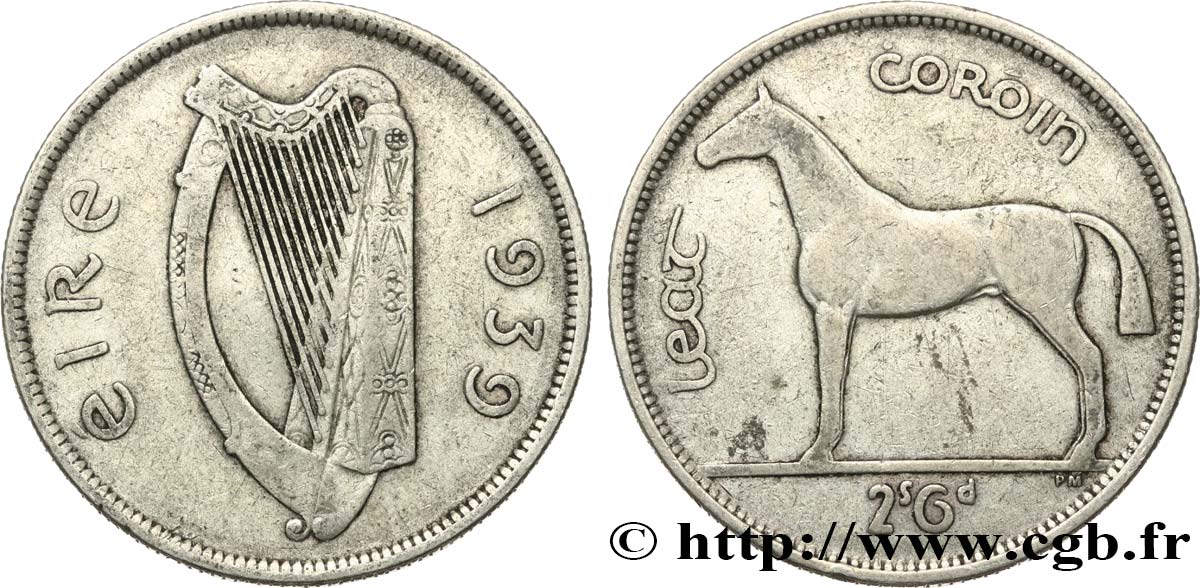 IRELAND REPUBLIC 1/2 Coróin (Crown) 1939  VF 