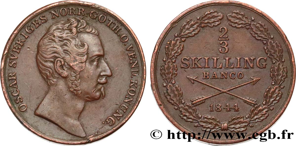 SWEDEN 2/3 Skilling Banco Oscar Ier 1844  AU 