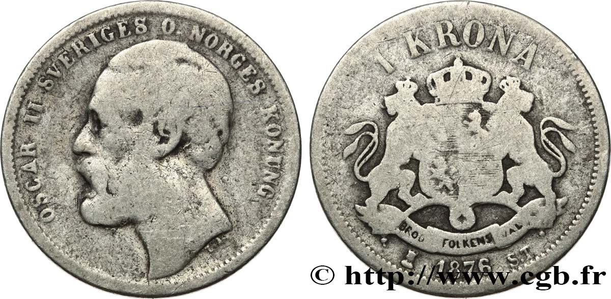 SWEDEN 1 Krona Oscar II 1876  F 