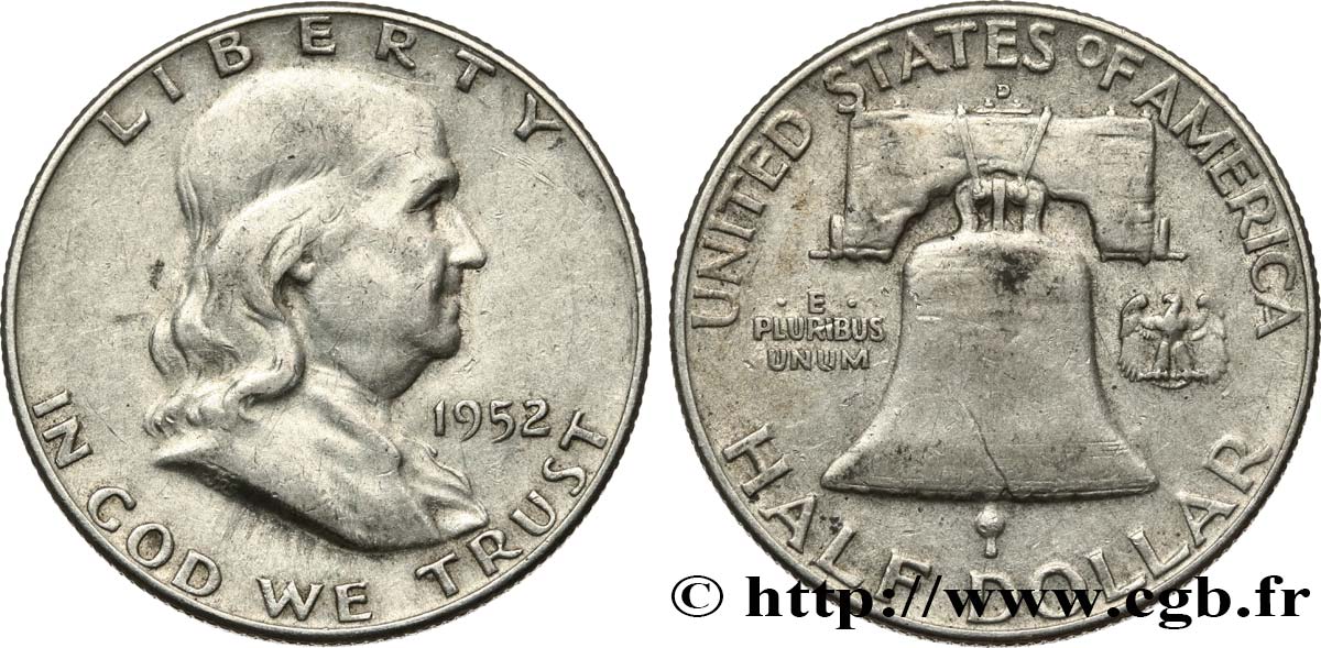 ÉTATS-UNIS D AMÉRIQUE 1/2 Dollar Benjamin Franklin 1952 Philadelphie TB+ 