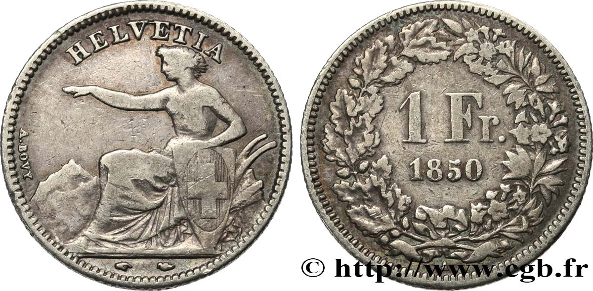 SWITZERLAND - CONFEDERATION OF HELVETIA 1 Franc Helvetia assise 1850 Paris VF 