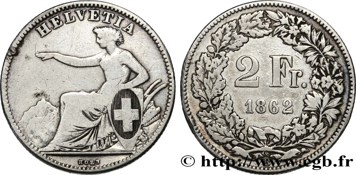 SVIZZERA  2 Francs Helvetia 1862 Berne MB 