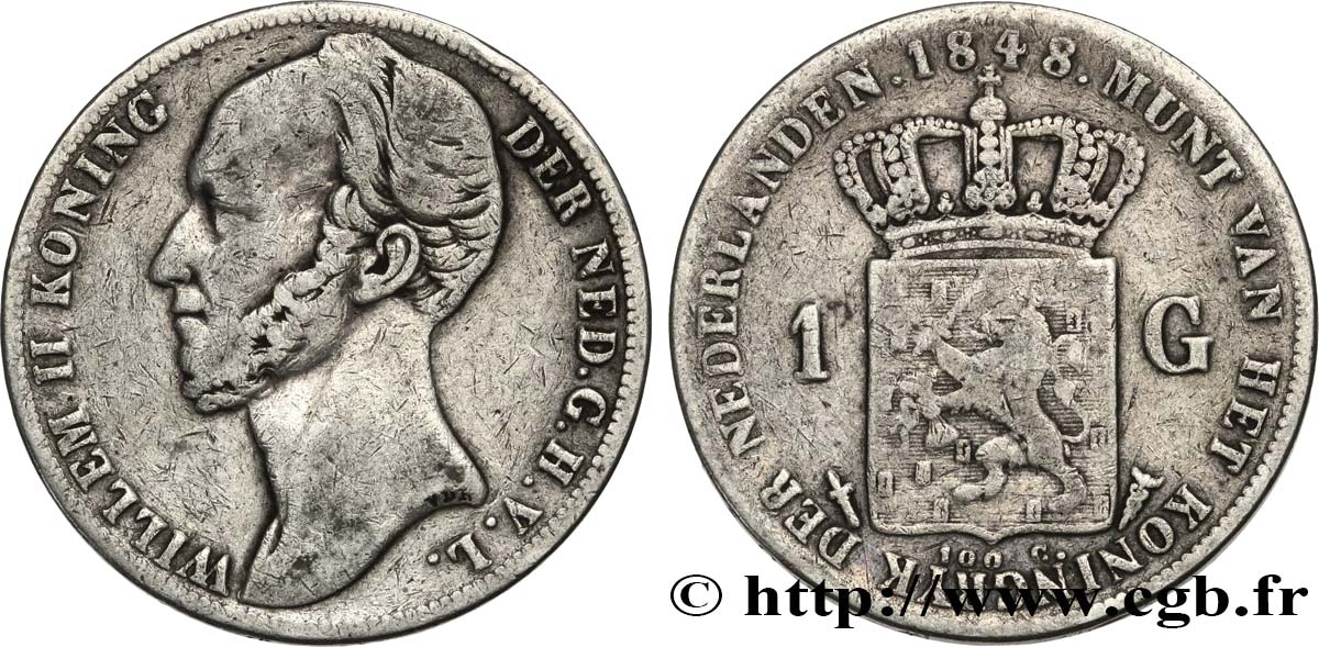 NETHERLANDS 1 Gulden Guillaume II 1848 Utrecht VF 