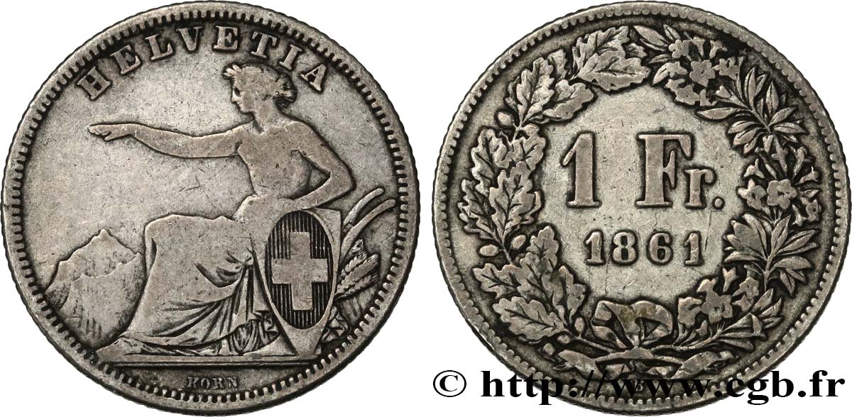 SWITZERLAND 1 Franc Helvetia assise 1861 Berne VF/VF 