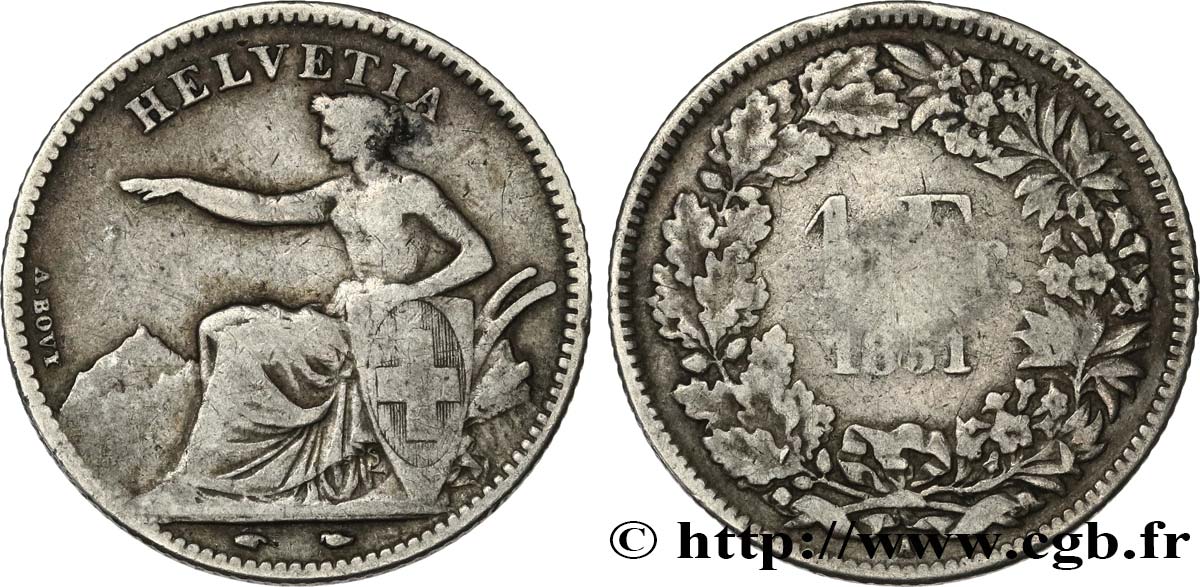 SUIZA 1 Franc Helvetia assise 1851 Paris BC 