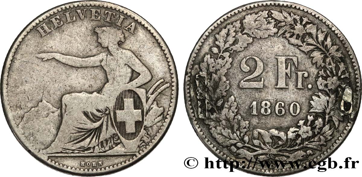 SUISSE 2 Francs Helvetia 1860 Berne B+ 
