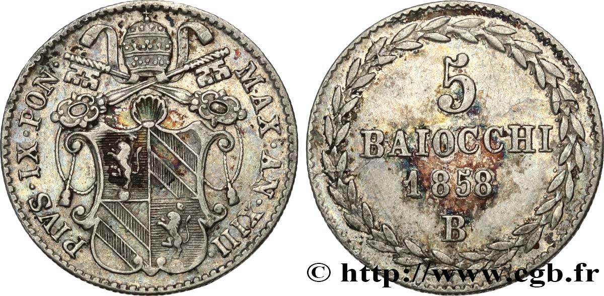 VATICAN AND PAPAL STATES 5 Baiocchi Pie IX an XIII 1858 Bologne AU 
