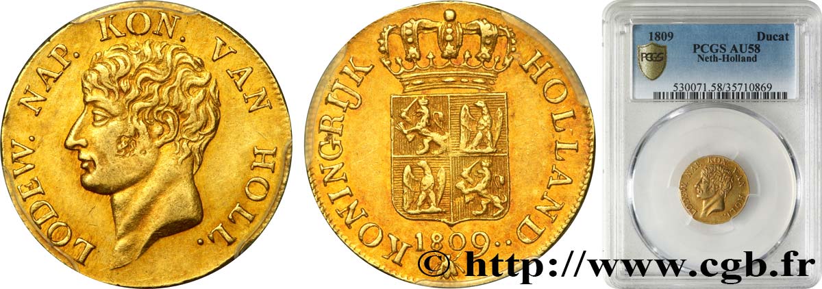 PAYS-BAS - ROYAUME DE HOLLANDE - LOUIS NAPOLÉON Ducat d or, 2ème type 1809 Utrecht AU58 PCGS