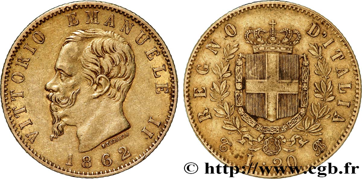 INVESTMENT GOLD 20 Lire Victor Emmanuel II 1862 Turin MBC+ 