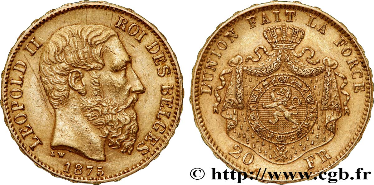 INVESTMENT GOLD 20 Francs Léopold II 1875 Bruxelles fVZ 