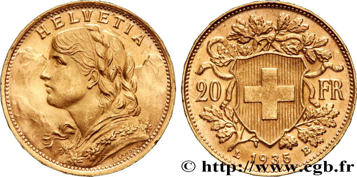 GOLD, PALLADIUM & PLATINUM INVESTMENT 20 Francs or  Vreneli   1935 Berne MS 