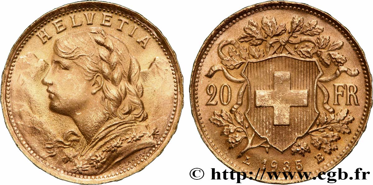 OR, PALLADIUM ET PLATINE INVESTISSEMENT 20 Francs or  Vreneli   1935 Berne SPL 