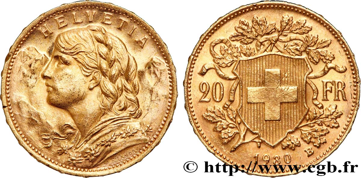 ORO, PALADIO Y PLATINO INVERSIÓN 20 Francs  Vreneli  1930 Berne SC 