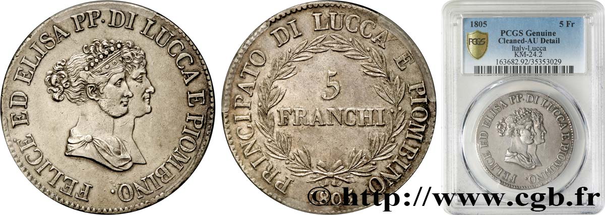 ITALIA - PRINCIPADO DE LUCCA Y PIOMBINO - FELICE BACCIOCHI Y ELISA BONAPARTE 5 Franchi - Moyens bustes 1805 Florence MBC+ PCGS