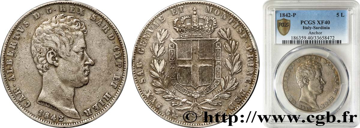 ITALY - KINGDOM OF SARDINIA 5 Lire Charles Albert 1842 Gênes XF40 PCGS