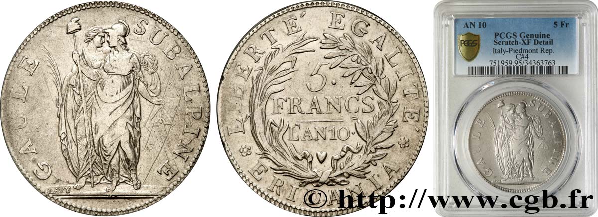 ITALIA - GALLIA SUBALPINA 5 Francs an 10 1802 Turin BC+ PCGS