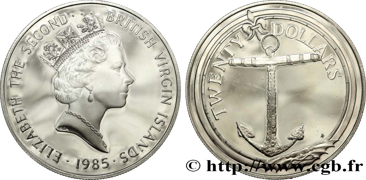 BRITISCHE JUNGFERNINSELN 20 Dollars Proof Elisabeth II / ancre marine 1985  fST 