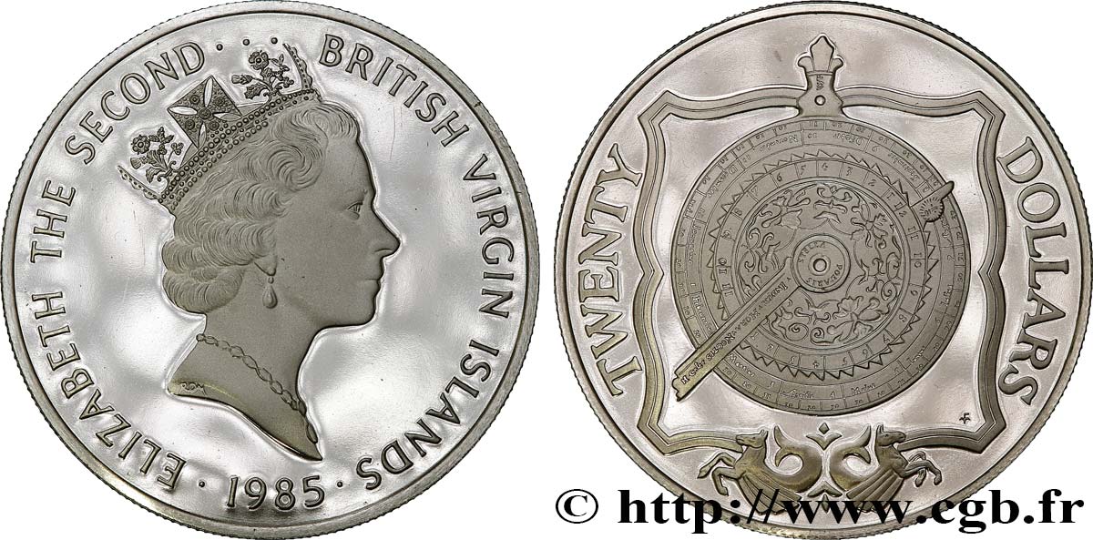 BRITISCHE JUNGFERNINSELN 20 Dollars Proof Elisabeth II / nocturlabe 1985  fST 