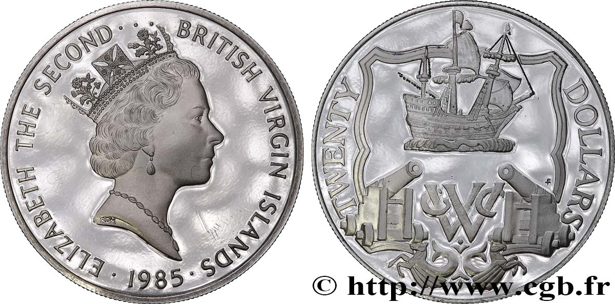 BRITISH VIRGIN ISLANDS 20 Dollars Proof Elisabeth II / voilier et canons hollandais 1985  MS 