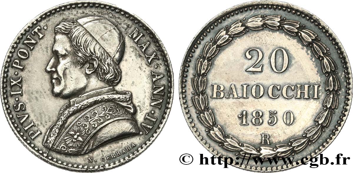 VATICAN AND PAPAL STATES 20 Baiocchi Pie IX an IV 1850 Rome AU 