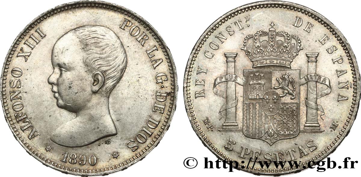 SPAIN 5 Pesetas Alphonse XIII 1er type 1890 Madrid AU/MS 
