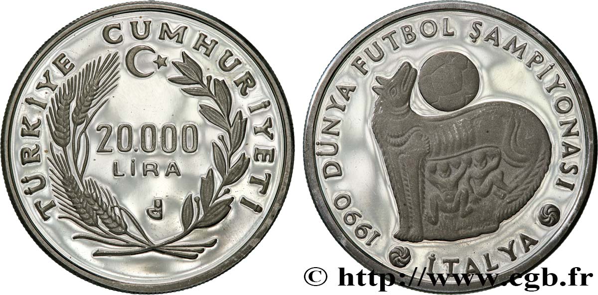 TURQUíA 20.000 Lira Proof Coupe du Monde de football Italie 1990 1990  SC 