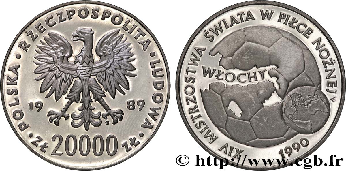 POLOGNE 20000 Zlotych Proba Proof Coupe du Monde de football Italie 1988 1989 Varsovie SPL 