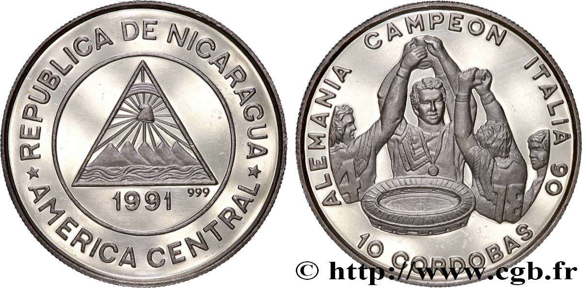 NICARAGUA 10 Cordobas Proof Coupe de Monde de football Italie 1990 1991  SC 