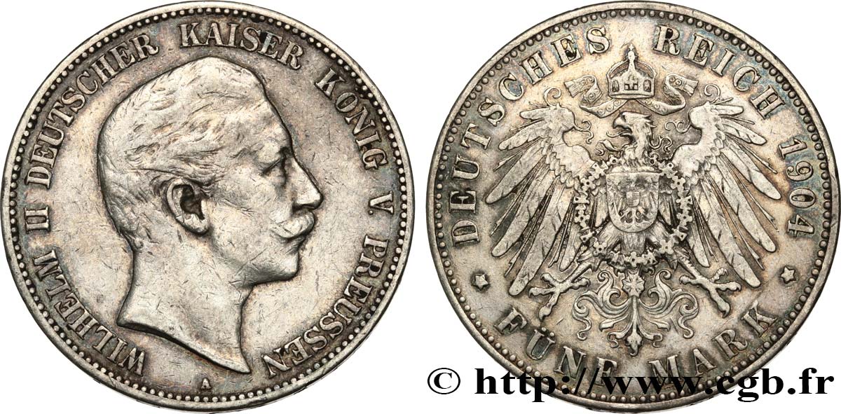 GERMANIA - PRUSSIA 5 Mark Guillaume II 1904 Berlin q.SPL 