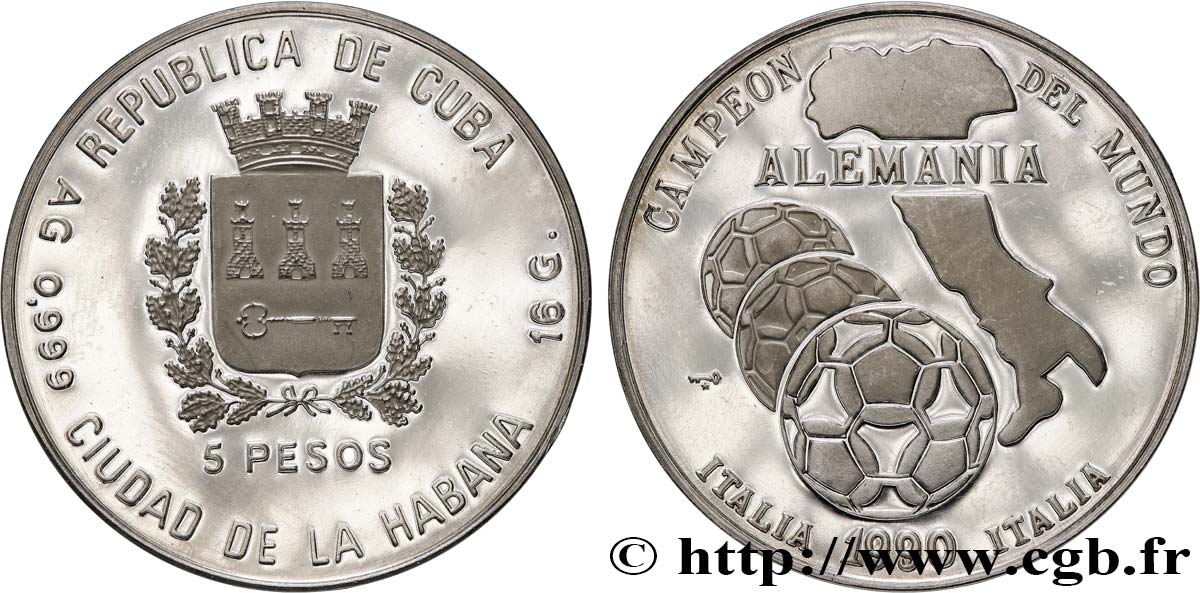 KUBA 5 Pesos Coupe du Monde de football Italie 1990 1990 La Havane fST 