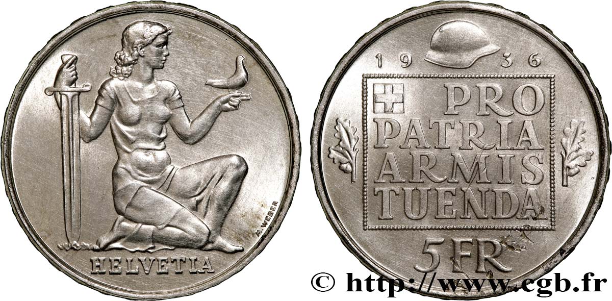 SVIZZERA  5 Francs fond pour l’armement 1936 Berne SPL 