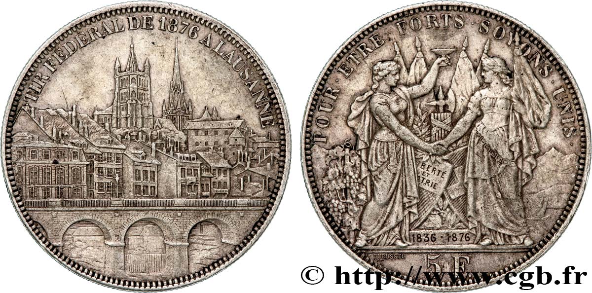 SUISSE 5 Francs, monnaie de Tir, Lausanne 1876  TTB+ 