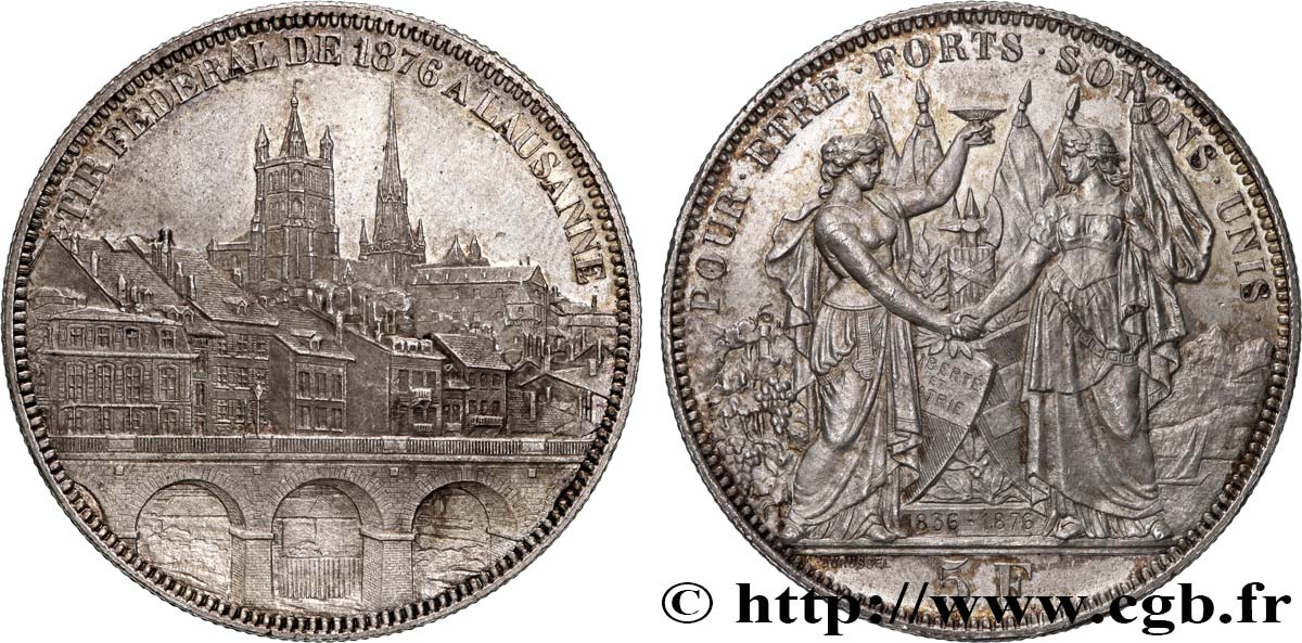 SWITZERLAND 5 Francs, monnaie de Tir, Lausanne 1876  AU 