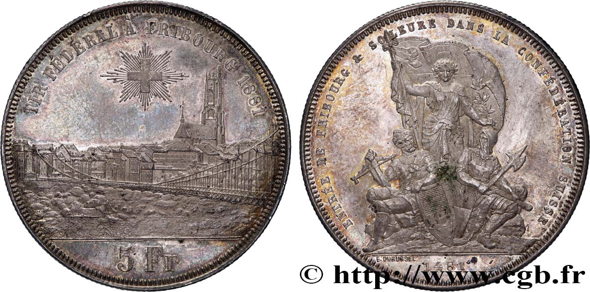 SCHWEIZ 5 Francs, monnaie de Tir, Fribourg 1881  VZ 