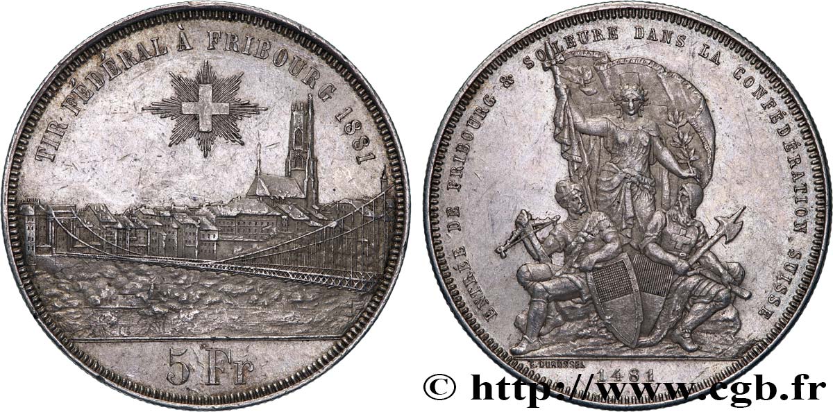 SUISSE 5 Francs, monnaie de Tir, Fribourg 1881  SUP 