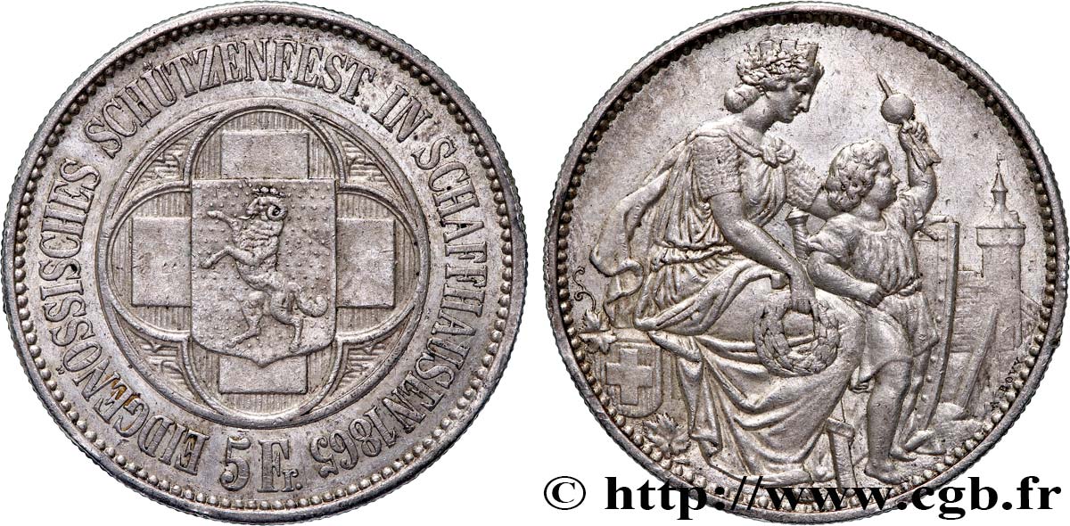 SUISSE 5 Francs Tir de Schaffhouse (Schaffhaussen) 1865  TTB+ 