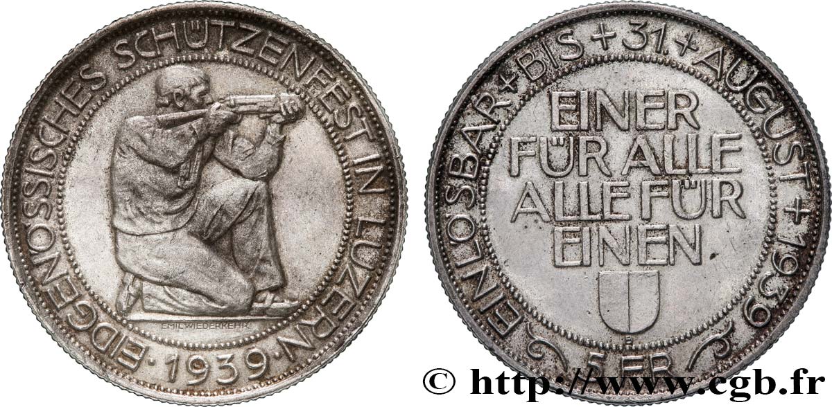 SUISSE 5 Francs Tir de Lucerne (Luzern) 1939 Berne TTB+ 