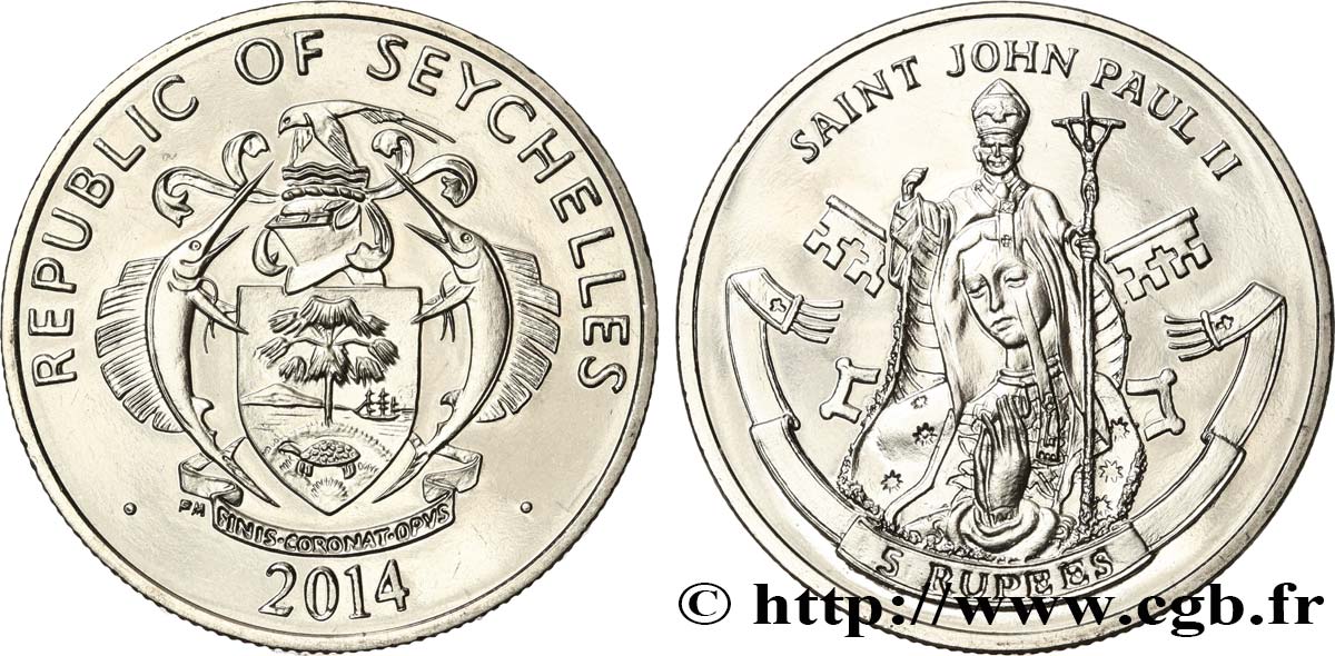 SEYCHELLES 5 Rupees Canonisation du pape Jean-Paul II 2014 Pobjoy Mint SPL 