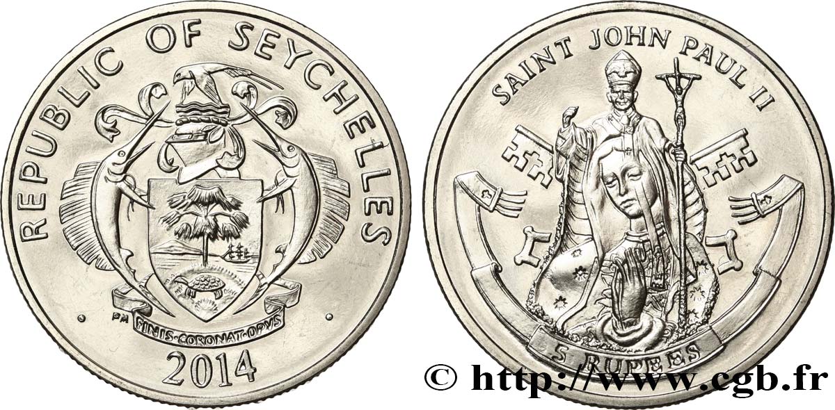 SEYCHELLES 5 Rupees Canonisation du pape Jean-Paul II 2014 Pobjoy Mint MS 