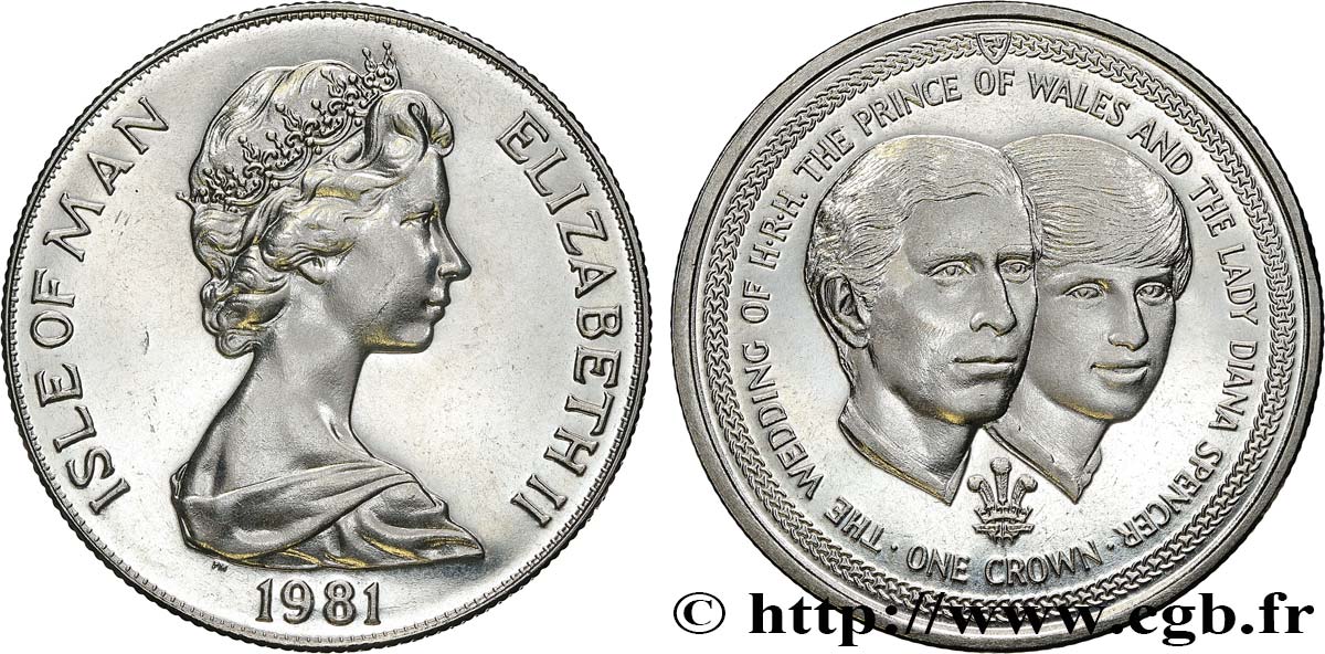 INSEL MAN 1 Crown mariage princier prince Charles et lady Diana 1981 Pobjoy Mint fST 