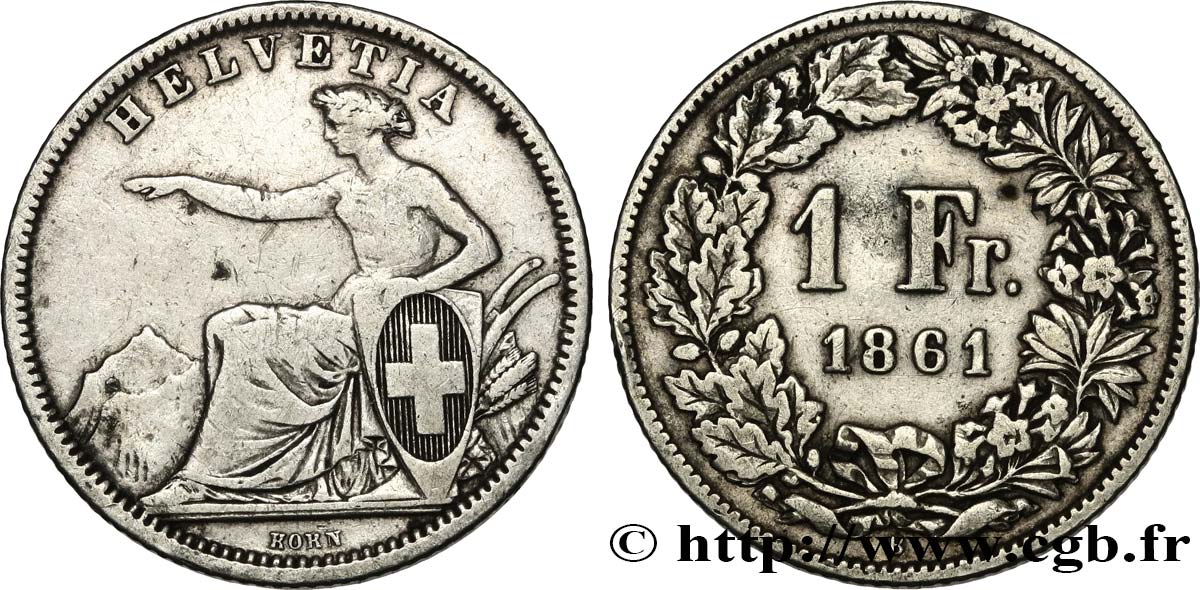 SVIZZERA  1 Franc Helvetia assise 1861 Berne MB/q.BB 