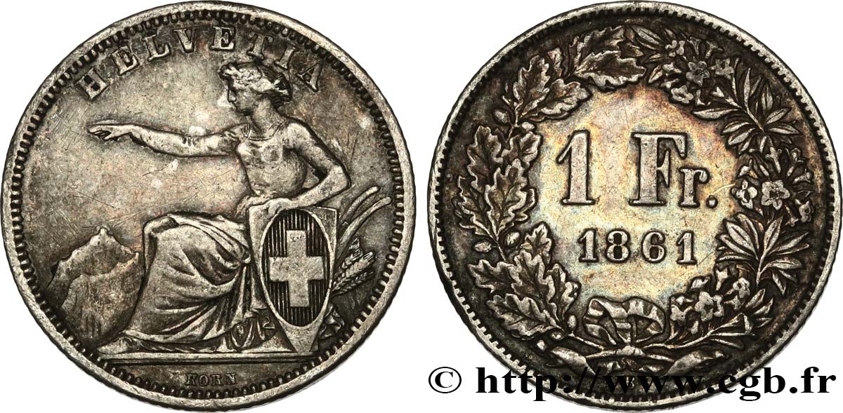 SWITZERLAND 1 Franc Helvetia assise 1861 Berne XF 