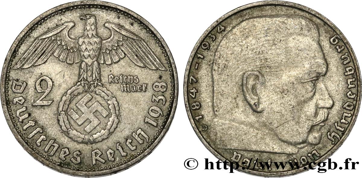 GERMANY 2 Reichsmark Maréchal Paul von Hindenburg 1938 Muldenhütten - E AU 